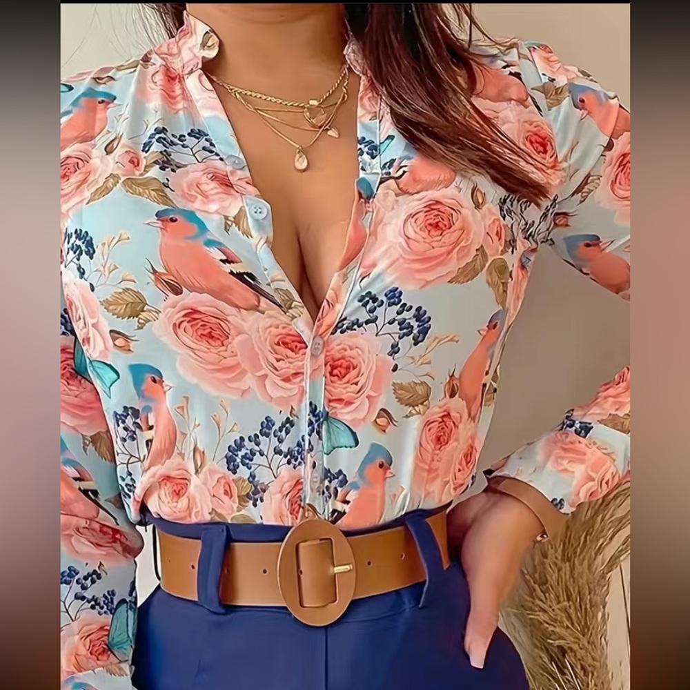 Women’s Floral Button-Front Long-Sleeve Blouse